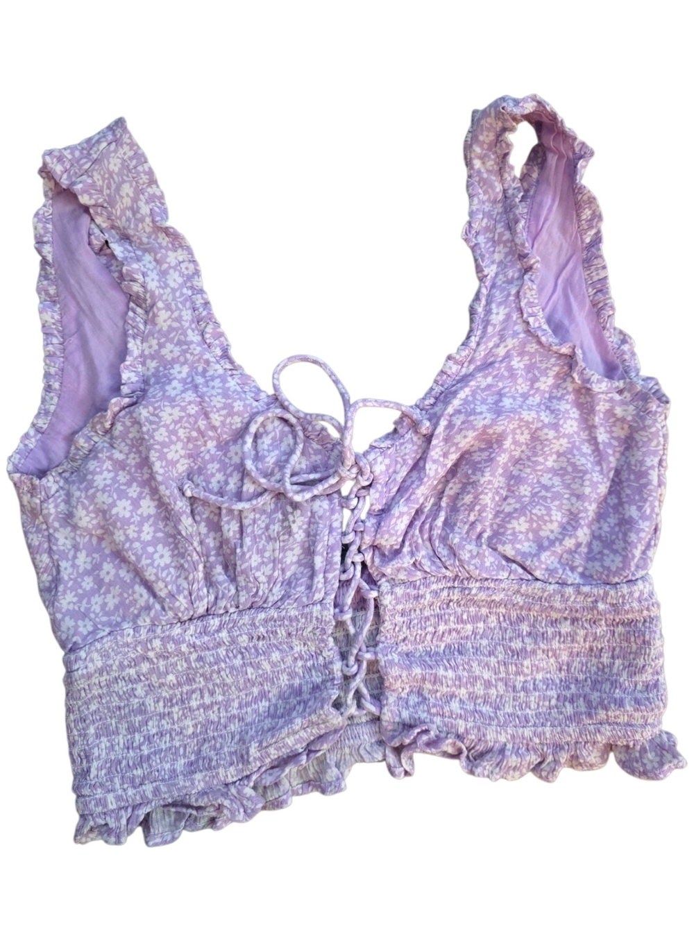 Sky and Sparrow Lavender Floral Smocked Lace-Up Crop Top XS Boho Cottagecore
